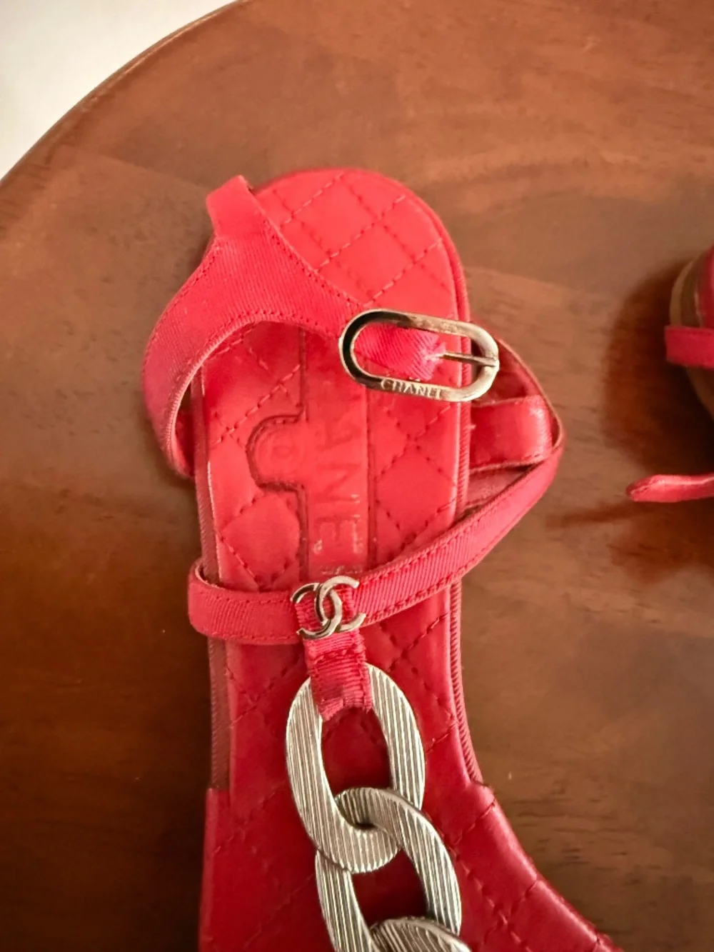 CHANEL Quilted Leather Chain Thong Sandals